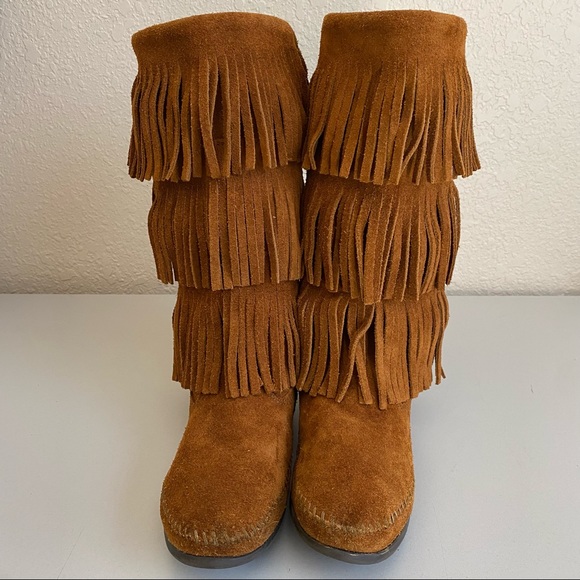Minnetonka 3 Layer Fringe Brown Suede Boots boho - Picture 4 of 12